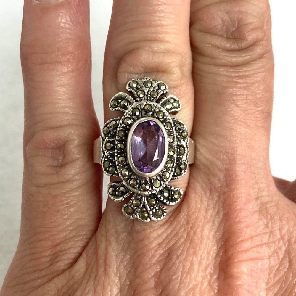 Sterling Silver 925 HAN Thai Oval Amethyst 1" Large Marcasite Ring Sz 6.25
